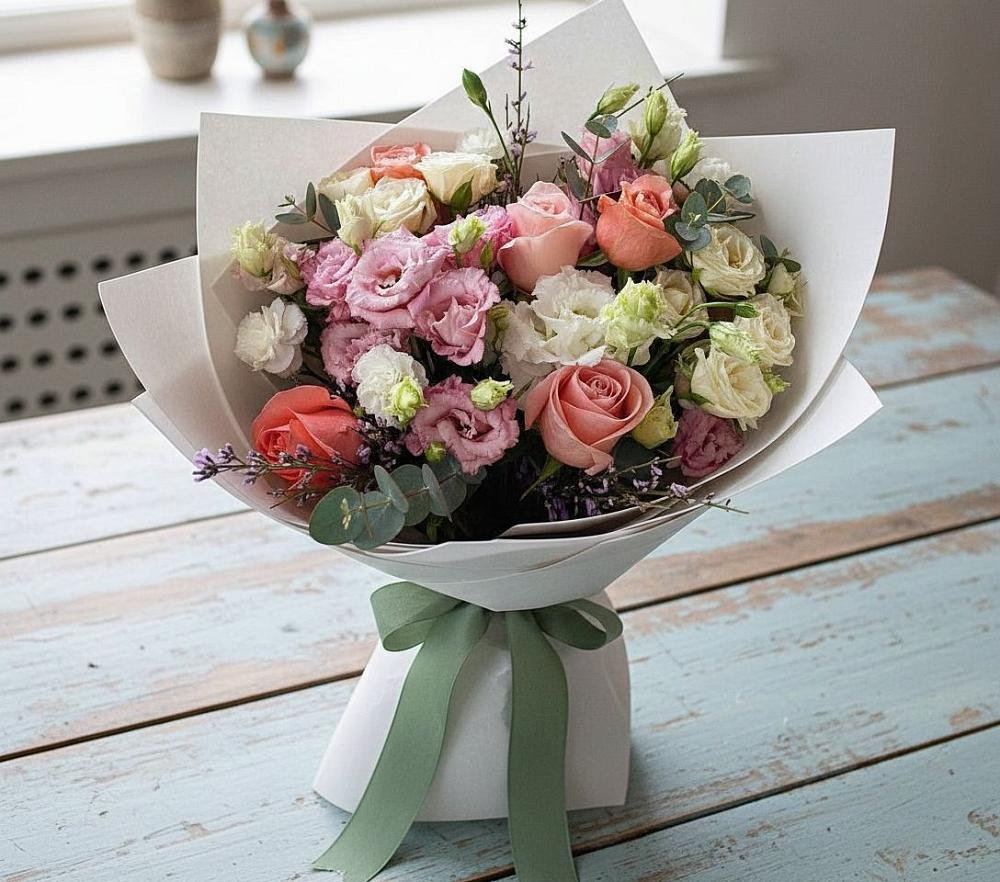 Букет цветов из: Розы, Лизиантусы и Гвоздики в Березовке Пермский край